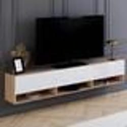 IDMARKET Meuble TV 180 cm suspendu ELIO 2 portes avec étagère bois et blanc