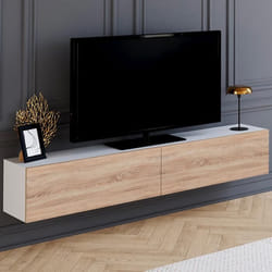IDMARKET Meuble TV 180 cm suspendu ELIO 2 portes blanc et bois