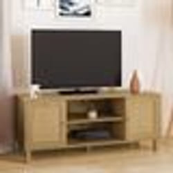 IDMARKET Meuble TV 115 cm vintage HANAE 2 portes effet naturel cannage