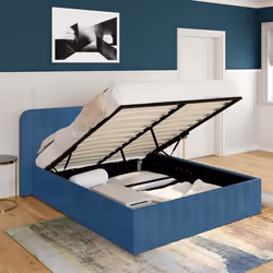 IDMARKET Lit coffre double ALBA avec tête de lit et sommier 140 x 190 cm velours bleu