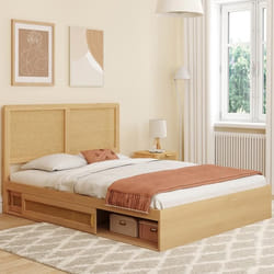 IDMARKET Lit double EDHEN avec rangements + tête de lit effet cannage naturel et sommier 140 x 190 cm coloris bois
