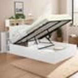 IDMARKET Lit coffre double CLYDE avec tête de lit + rangements et sommier 140 x 190 cm blanc et façon hêtre