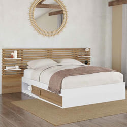 IDMARKET Lit double SAVANA avec tête de lit chevets rangements et sommier 140 x 190 cm hêtre et blanc