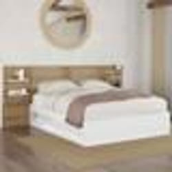 IDMARKET Lit double SAVANA avec tête de lit chevets rangements et sommier 140 x 190 cm blanc et façon hêtre