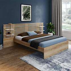 IDMARKET Lit double AMALIA avec tête de lit étagères suspendues et sommier 140 x 190 cm hêtre et blanc