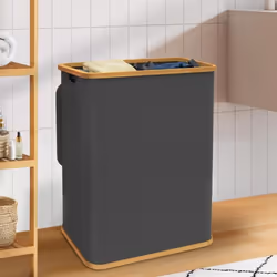 IDMARKET Panier à linge 140 L 2 bacs amovibles RITA en tissu et bambou gris anthracite