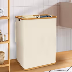IDMARKET Panier à linge 2 bacs amovibles bambou RITA tissu écru 140 L