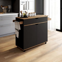 IDMARKET Desserte de cuisine COSY XXL placard avec tiroir noir et plateaux façon hêtre L.90 CM