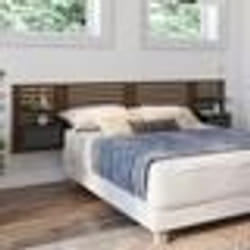 IDMARKET Tête de lit suspendue en lattes AVA 240 cm avec chevets + tiroir façon bois vieilli et noir