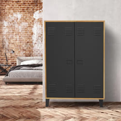 IDMARKET Armoire basse ESTER 2 portes métal noir et contour bois design industriel