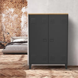 IDMARKET Armoire basse ESTER 2 portes métal noir et plateau bois design industriel