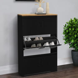 IDMARKET Meuble à chaussures 18 paires maxi capacité ESTER 3 portes métal noir et plateau façon hêtre design industriel