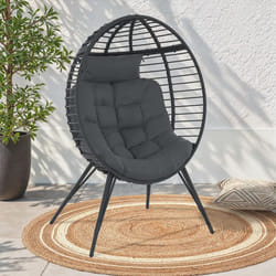 IDMARKET Fauteuil oeuf sur pied ajouré gris effet rotin avec coussin gris