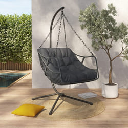 IDMARKET Fauteuil suspendu relax LOA ajouré effet rotin gris avec coussin gris