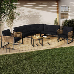 IDMARKET Salon de jardin bas RIO 8 places salon dangle structure métal et cordage effet rotin clair et coussins noir