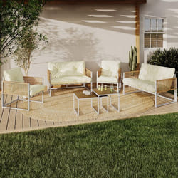 IDMARKET Salon de jardin bas RIO 6 places structure métal blanc et cordage effet rotin avec coussins beige