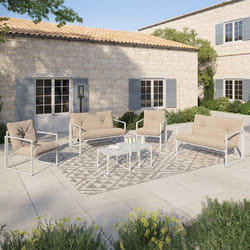IDMARKET Salon de jardin bas NAIROBI 6 places en acier blanc et coussins beiges