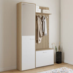 IDMARKET Vestiaire dentrée rangement chaussures avec miroir et étagères MAHAUT 1 porte effet bois et blanc