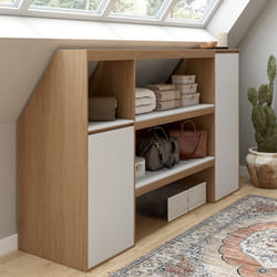 Armoire sous pente TOMI 2 portes avec étagères 2 niveaux 1 niche bois et blanc