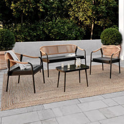 IDMARKET Salon de jardin bas MADEIRA 4 places structure en métal noir cordage et coussins noirs