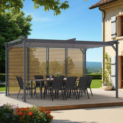 IDMARKET Pergola édition collector persiennes horizontales effet bois et toit rétractable 3x4M 4 pans modulables gris anthracite