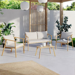 IDMARKET Salon de jardin bas MALTA 4 places structure en métal effet bois lanières et coussins beiges
