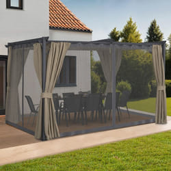 IDMARKET Pergola édition intégrale moustiquaire toit rétractable 3x4 M et 4 rideaux taupe