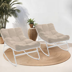 IDMARKET Lot de 2 fauteuils de jardin à bascule ARONA blanc coussin beige
