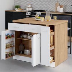 IDMARKET Ilot central ALTO portes avec rangements tiroirs rangement coulissant et plan de travail façon hêtre et blanc