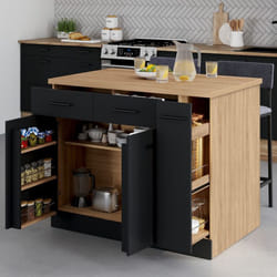 IDMARKET Ilot central ALTO portes avec rangements tiroirs rangement coulissant et plan de travail façon hêtre et noir