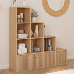 IDMARKET Meuble de rangement en escalier LORYS 4 niveaux effet lattes JULIETTE avec 4 tiroirs en tissu