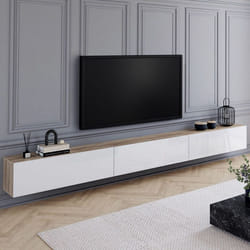 IDMARKET Meuble TV 300 cm suspendu ELIO 3 portes bois et blanc