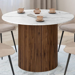 IDMARKET Table à manger ronde JULIETTE 6 personnes pied central effet lattes noyer et plateau effet marbre blanc ALASKA 110 cm