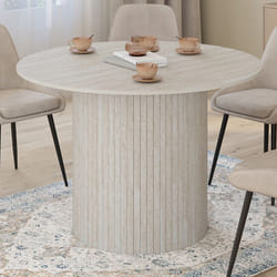 Table À Manger Ronde Juliette 6 Personnes Pied Central Effet Lattes Façon Travertin 110 Cm