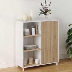 IDMARKET Buffet dappoint 70 cm EASY montage facile sans outils 3 étagères et 1 porte coulissante réversible blanc et bois
