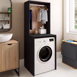 IDMARKET Meuble dessus machine à laver avec penderie WALLIS noir et bois façon hêtre