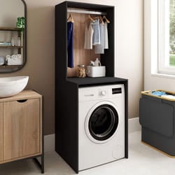 IDMARKET Meuble dessus machine à laver avec penderie WALLIS noir et bois façon hêtre