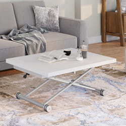 Table basse extensible relevable en table à manger rectangulaire ALTURA 100-160 cm plateau blanc pied chrome