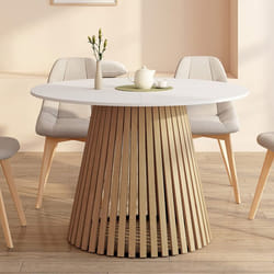 IDMARKET Table à manger ronde CARMEN 6 personnes pied bois en lattes et plateau bois blanc 110 cm