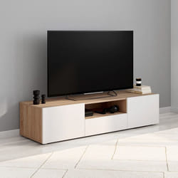 IDMARKET Meuble TV 140 cm ELI bois façon hêtre portes blanches
