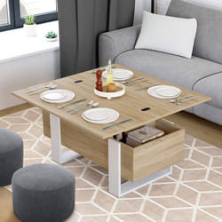 IDMARKET Table basse plateau relevable rectangulaire convertible en table à manger PHOENIX 975 cm bois et blanc