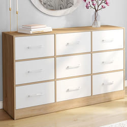 IDMARKET Commode 9 tiroirs en tissu UPPAH 113 cm meuble de rangement bois façon hêtre et blanc