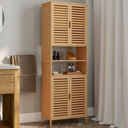 IDMARKET Meuble armoire colonne salle de bain bambou BEA 4 portes et 2 niches