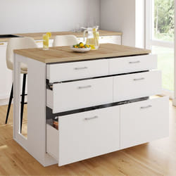 IDMARKET Ilot central mange-debout ORSO 120 cm casserolier 6 tiroirs blanc avec plan de travail façon hêtre