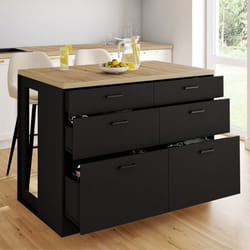IDMARKET Ilot central mange-debout ORSO 120 cm casserolier 6 tiroirs noir avec plan de travail façon hêtre