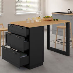 IDMARKET Ilot central mange-debout 4 personnes VITO 130 cm casserolier 3 tiroirs noir et plateau bois