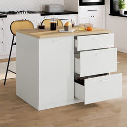 IDMARKET Ilot central TIBO 110 cm casserolier 3 tiroirs bois blanc avec plan de travail façon hêtre