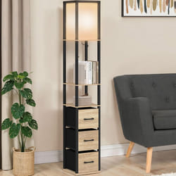 IDMARKET Lampadaire industriel en bois noir avec étagères bois clair 3 tiroirs tissu UTAH et abat-jour carré blanc