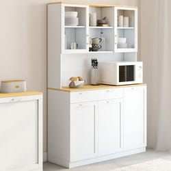 IDMARKET Buffet de cuisine vitré 120 cm VITO 5 portes + 1 tiroir blanc et plateau façon hêtre