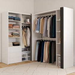 IDMARKET Dressing extensible dangle MARLON 200 x 150 x 180 cm cm blanc avec penderies + tiroirs + étagères + rideaux gris